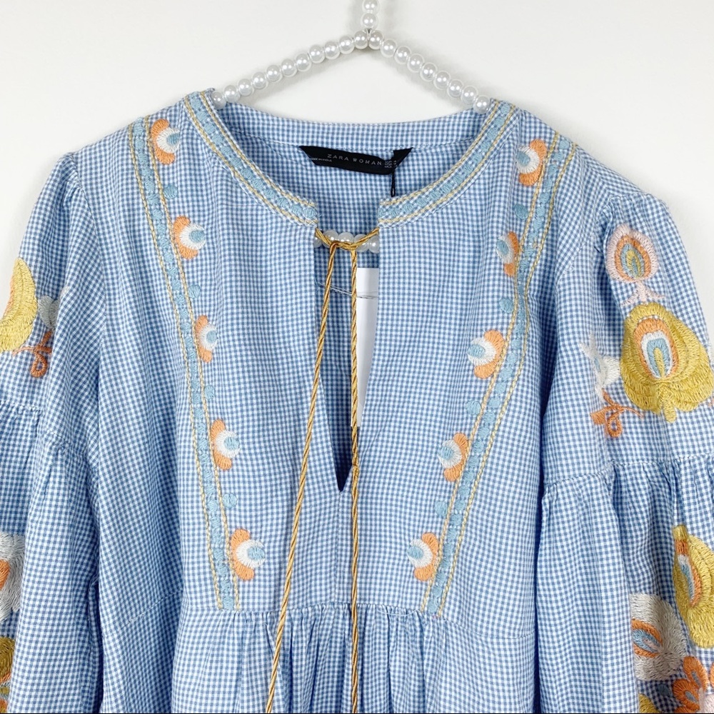 Zara Gingham blue embroidered checkered dress M - Picture 4 of 8